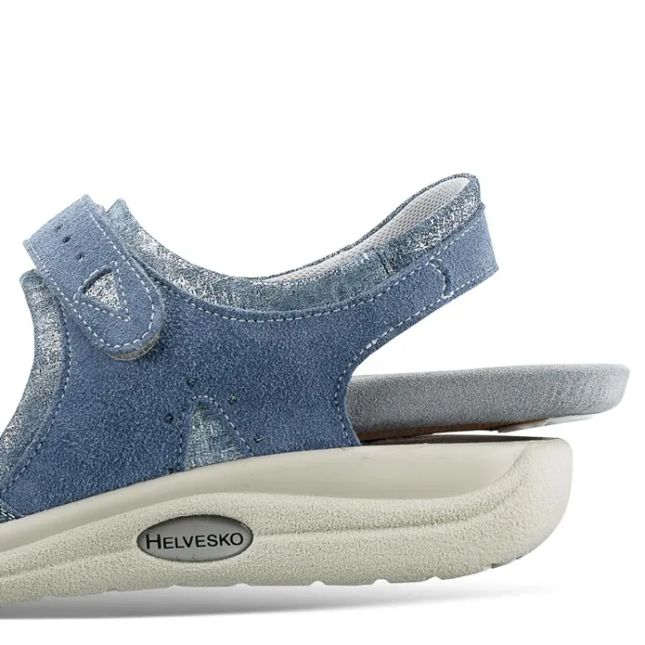 Femme idéalsko Sandales / Mules<Chaussures de confort Helvesko : modèle Sabrina, coloris jean/argent